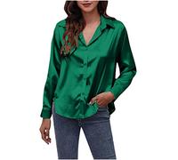 Lovraj Chemisier en satin élégant pour femme - Col en V - Couleur unie - Chemisier en satin tendance - Boutonnière en soie - Hauts festifs - Manches longues - Chemisier d'affaires, Vert armée., XL