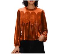 Lovraj Chemisier en velours pour femme élégant Coutures en dentelle T-shirt à manches longues festif Col rond Velours Hauts Exquis Chemisier à manches longues pour femme, Orange, XXL