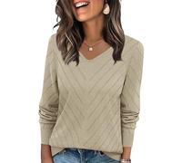 Lovraj Hauts à manches longues en tricot pour femme - Col en V - Manches longues - Automne - Hiver - Décontracté, beige, L