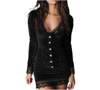 Lovraj Robe en daim pour femme années 70 - Mini robe moulante élégante - Col en V - Coutures en dentelle - Aspect daim - Robe de loisirs - Tenue occidentale, Noir , XL