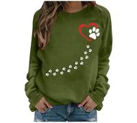 Lovraj Sweatshirt Femme Manches Longues Saint-Valentin Pull Sans Capuche Patte de Chien Coeur Imprimé Hauts Décontracté Col Rond Pull Polaire, Vert armée., S