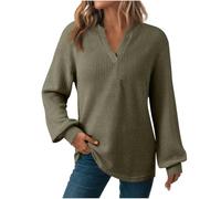 Lovraj T-shirt à manches longues en maille gaufrée pour femme - Col en V - Décontracté - Couleur if, Vert armée., XL