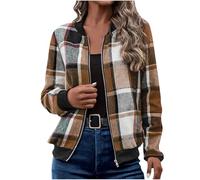 Lovraj Veste à carreaux pour femme - Manches longues - Veste bomber moderne - Manteau court - Élégante veste de transition - Avec fermeture éclair et poches, Marron - Pas de poches, XXL