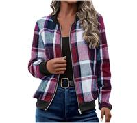 Lovraj Veste à carreaux pour femme - Manches longues - Veste bomber moderne - Manteau court - Élégante veste de transition - Avec fermeture éclair et poches, Violet, pas de poches, S