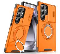 Lovreko New Slide Camera Protection Magnetic Stand Phone for Samsung S25/24/23/22/21 Ultra Plus, with Rotating Stand and Privacy Camera Cover, Push Window Magnetic Phone Case (Orange,S24Ultra)