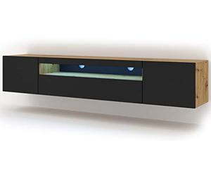 Lowboard Aura Armoire TV, 200 cm, à suspendre ou à poser, basse, buffet, meuble HiFi, table, (chêne artisanal et noir mat avec LED)