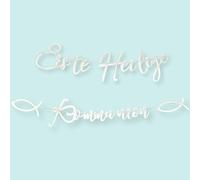 LowCarbonLife Guirlande de première communion « Première communion avec motifs poissons - Bannière décorative à paillettes argentées 1,7 m - Décoration de communion pour garçons et filles (argent B)