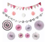 LowCarbonLife Lot de 15 décorations de fête en papier rose et blanc avec éventails en papier, boules en nid d'abeille, fanions et guirlande d'étoiles pour anniversaire, fête prénatale, baptême