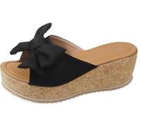 LOWVEDGK 2025 High Heeled Bow-Knot Platform Wedge Sandals Cork Wedges & Platform Slides Thick Sole Wedge Non-slip Shoes (Black,39 EU)