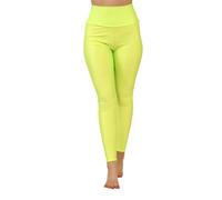 Loxdonz Legging brillant taille haute pour femme - Legging disco - Pour yoga, sport, entraînement, jaune fluo, Taille L