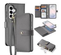 LOXO CASE Coque Portefeuille 2 en 1 pour Samsung Galaxy S26 Plus, Cuir PU Gris, Étui Folio Détachable, Porte-Cartes RFID, Poche Zippée, Support, Dragonne, Compatible avec MagSafe, Gray
