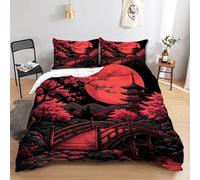 loyaltyer Housse de Couette 140x200 cm Style Japonais Réversible Microfibre, Parure de Lit Cerisiers en Fleurs, Pont de Bois- avec 2 Taie d'oreiller 65x65 Cm, Housse de Couette Fermeture éclair -BR86