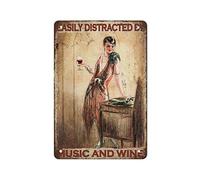 Loyience Panneau mural « Easy-Distracted by Music and Wine Lady » - Style vintage - Décoration murale - Cadeau pour maman, papa, amis - 20,3 x 30,5 cm