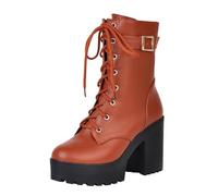 lozssnigzi Bottines Femme, Bottines Femme Cuir Bottes à Lacets Et à Talon Carré Elegante Hiver Boots, Jaune, 37