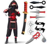 Lozzzyo Déguisement Ninja Dragon Enfant avec Tenue Ninja et Armes Diverses, Deguisement Carnaval Enfant pour Carnaval, Halloween, Cosplay et Spectacle de Scène (S)