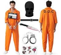 Lozzzyo Orange Déguisement de Prisonnier pour Homme, Costume Carnaval Homme avec Plaque d'Identification, Menottes, Dague, Capuche et Autocollants, Idéal pour Carnaval et Cosplay Costume Adulte (L)