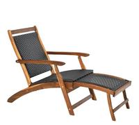 LPACXBYD Transat De Jardin 2-in-1 Sun Lounger, Folding Rattan Adjustable Deck Chair with Retractable Outdoor Wooden Chaise Leisure Armchair(Brown-Not Wicker Side Table)