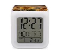 LPAGBCNU Réveil numérique LED à 7 couleurs changeantes avec calendrier de répétition, affichage de la température, planche en bois, tournesol, réveil à piles, veilleuse pour décoration de chambre à