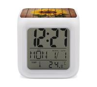 LPAGBCNU Réveil numérique LED à 7 couleurs changeantes avec calendrier de répétition, affichage de la température, tournesol avec réveil en bois, lampe de chevet à piles, veilleuse pour décoration de