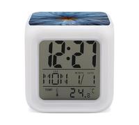 LPAGBCNU Réveil numérique LED à 7 couleurs changeantes avec calendrier de répétition, affichage de la température, grande fleur bleue, réveil, réveil à piles, veilleuse pour décoration de chambre à