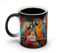 LPAGBCNU Tasse à café de 325 ml avec motif plantes tropicales et perroquets, tasses à café changeantes à la chaleur avec poignée, tasse magique sensible à la chaleur pour homme et femme, tasse