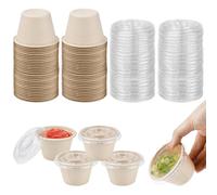 LPAMABA 50 Pcs Pot de Sauce en Plastique 100ml Gobelets Carton avec Couvercle Boîtes de Alimentaires Petit Pot Conservation Boîte Sauce Alimentaire Recipient Sauce Salade pour Noix Confiture, brun