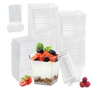 LPAMABA 50 pièces Tasses à Dessert avec Couvercle et Cuillères, 210ml Verres à Dessert en Plastique Coupelle à Dessert Verrines Plastiques Carrée Bols à verrine Réutilisables pour Mousse Pudding