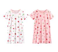 LPATTERN Nuisette de Nuit Chemise de Nuit à Manches Courte Robe de Nuit Enfant Fille, 2pcs-Rose&Blanc, 3-4 Ans