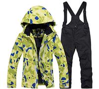 LPATTERN Unisexe-Enfant Garçon Fille Ensemble de Ski Veste avec Salopette Combinaison Manteau de Ski Chaud Sport Hiver,Vert+Noir,M/7-8ans,Hauteur recommandée:130cm