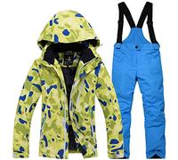 LPATTERN Unisexe-Enfant Garçon Fille Ensemble de Ski Veste avec Salopette Combinaison Manteau de Ski Chaud Sport Hiver,Vert+Bleu Roi,M/7-8ans,Hauteur recommandée:130cm
