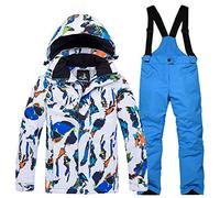 LPATTERN Unisexe-Enfant Garçon Fille Ensemble Veste de Ski avec Salopette Combinaison Manteau de Ski Chaud Sport Hiver,Blanc-Bleu+Bleu Roi,M/7-8ans,Hauteur recommandée:130cm