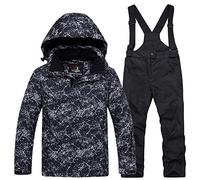 LPATTERN Unisexe-Enfant Garçon Fille Ensemble Veste de Ski avec Salopette Combinaison Manteau de Ski Chaud Sport Hiver,Foudre Noir+Noir,2XL/12-13ans,Hauteur recommandée:160cm