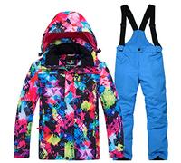 LPATTERN Unisexe-Enfant Garçon Fille Ensemble Veste de Ski avec Salopette Combinaison Manteau de Ski Chaud Sport Hiver,Coloré+Bleu Roi,S/6ans,Hauteur recommandée:120cm