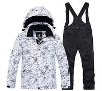 LPATTERN Unisexe-Enfant Garçon Fille Ensemble Veste de Ski avec Salopette Combinaison Manteau de Ski Chaud Sport Hiver,Foudre Blanc+Noir,M/7-8ans,Hauteur recommandée:130cm