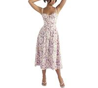 LPBSKHJW Robe mi-Longue Corset Florale pour Femmes, Robe d'été Bustier imprimée, Robe Corset de Plage d'été, Robe d'été Fluide Fendue (T,2XL)