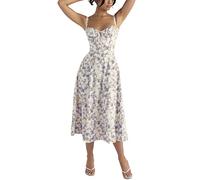 LPBSKHJW Robe mi-Longue Corset Florale pour Femmes, Robe d'été Bustier imprimée, Robe Corset de Plage d'été, Robe d'été Fluide Fendue (R,M)