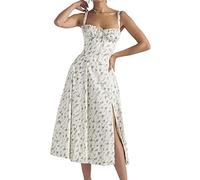 LPBSKHJW Robe mi-Longue Corset Florale pour Femmes, Robe d'été Bustier imprimée, Robe Corset de Plage d'été, Robe d'été Fluide Fendue (E,XL)