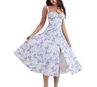 LPBSKHJW Robe mi-Longue Corset Florale pour Femmes, Robe d'été Bustier imprimée, Robe Corset de Plage d'été, Robe d'été Fluide Fendue (F,L)