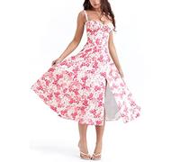 LPBSKHJW Robe mi-Longue Corset Florale pour Femmes, Robe d'été Bustier imprimée, Robe Corset de Plage d'été, Robe d'été Fluide Fendue (J,2XL)