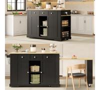 LPdorbe Îlot de Cuisine Mobile Desserte sur roulettes, Table Extensible 3-4 Pers, 2 Tiroirs 2 Portes, Étagères Réglables, 2 Prises EU 2 USB, 7 roulettes Freinées, MDF FSC, Noir, 138 x 55 x 93 cm