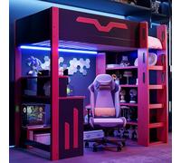 LPdorbe Lit Mezzanine 90x200cm-Bois Noir,avec Bureau,Rangements Multi-Niveaux,Éclairage LED&Escalier Intégré-pour Adulte,Étudiant ou Gamer,Noir et Rouge