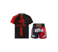 Lpdshaa Boxe pour Enfants Uniformes T-Shirt Manches Courtes Muay Thai + Shorts Kick Boxe Arts Martiaux MMA Cage Fighting Vêtements Noir Rouge 7-8 Ans