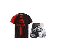 Lpdshaa Boxe pour Enfants Uniformes T-Shirt Manches Courtes Muay Thai + Shorts Kick Boxe Arts Martiaux MMA Cage Fighting Vêtements Rouge Noir Blanc 11-12 Ans