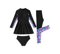 Lpdshaa Combinaison Bain Burkini pour Mädchen Tenue Natation Musulmane Haut Manches Longues Pantalon Slip Baignade Set 3 Éléments pour Enfant Protection Solaire Tenue Surf Noir 9-10 Ans