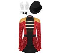 Lpdshaa Costume Cirque Pour Dames Paillettes Glitzer Robe Danse Longue Manche Overall Avec Franges Quaste Jumpsuit Avec Gants Ruban Chapeau Pour Le Carnaval Rouge L