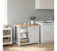 LPERTGFHU Lot de 2 îlots de cuisine en bois massif de pin, blanc et cire de | Charme rustique, grand espace de rangement, tiroirs et armoire inclus