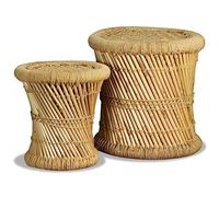 LPERTGFHU Lot de 2 tabourets en bambou et jute - Design bohème - Table d'appoint empilable pour salon et terrasse - Tabouret de jardin rustique