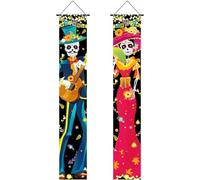 Lpitoy 2 Pièces Décorations du Jour des Morts Bannière De Porte De Signe De Porche, Décor Dia De Los Muertos Halloween Bienvenue Drapeau De Porte Suspendu Décor Intérieur Extérieur