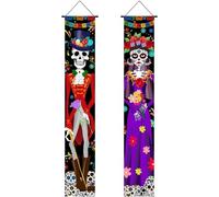 Lpitoy 2 Pièces Décorations du Jour des Morts Bannière De Porte De Signe De Porche, Décor Dia De Los Muertos Halloween Bienvenue Drapeau De Porte Suspendu Décor Intérieur Extérieur