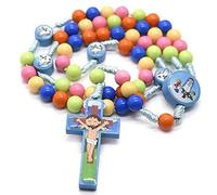 Lpitoy Collier Chapelet en Bois avec Pendentif Jésus Cartoon, Chapelet catholique Fait Main, Collier en chaîne de Bois pour Enfants et Filles